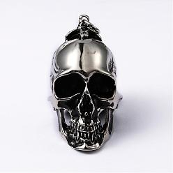 Antique Silver 304 Stainless Steel Big Pendants, Halloween Jewelry Skul, Antique Silver, 60x32x42mm, Hole: 6mm