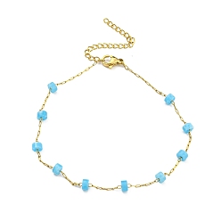 Amazonite Synthetic Imitation Amazonite Column Beaded Anklet with Vacuum Plating Golden 304 Stainless Steel Chains for Women, 8-3/4~8-7/8 inch(22.1~22.4cm)