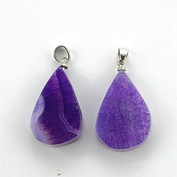 Фиолетовый Окрашенные естественный агат подвески, подвески-слезинки с металлическими застежками-кнопками платинового оттенка, фиолетовые, 25x15 мм