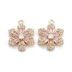 Pink Латунные микропаве прозрачные подвески с фианитом, цветок, розовые, 17.5x13x3.5 мм, отверстие : 1.4 мм