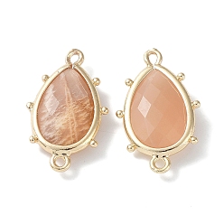 Sunstone Natural Sunstone Connector Charms, with Golden Plated Brass Edge Loops, Faceted, Teardrop, 24x14.5x5mm, Hole: 1.2mm & 1.4mm