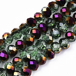 Dark Sea Green Electroplate Transparent Glass Beads Strands, Half Purple Plated, Faceted Rondelle, Dark Sea Green, 6x5mm, Hole: 1mm, about 92~94pcs/strand, 17~17.5 inch(42.5~43.75cm)