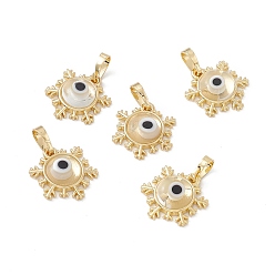 Clear Handmade Evil Eye Lampwork Pendants, with Rack Plating Real 18K Gold Plated Brass Findings, Long-Lasting Plated, Snowflake Charm, Clear, 15x14x4mm, Hole: 4x6.5mm