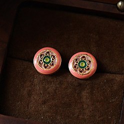 Лосось Серьги-гвоздики из латуни и эмали для женщин, плоские круглые с цветком, salmon, 9 мм