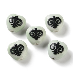 Нектар Печатные ручной фарфоровые бусы, сердце с символами, нектар, 16~16.5x16.5~17.5x9~9.5 мм, отверстие : 1.8~2 мм