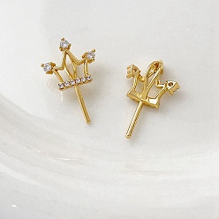 Golden Brass Micro Pave Clear Cubic Zirconia Head Pins, Crown, for Baroque Pearl Making, Golden, 13x11mm