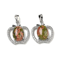 Унакит Натуральный унакит с подвесками из прозрачного кубического циркония, подвески в виде яблока со стойкой, фурнитура из латуни, платина, без кадмия и без свинца, 28.5x25.5x9~10 мм, отверстие : 7x5 мм