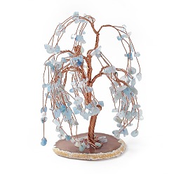 Aquamarine Natural Aquamarine Tree Display Decoration, Agate Slice Base Feng Shui Ornament for Wealth, Luck, Rose Gold Brass Wires Wrapped, 64~95x75~125x140~170mm