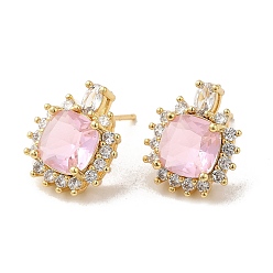Pearl Pink Rack Plating Real 18K Gold Plated Brass Square Stud Earrings, with Cubic Zirconia and Rhinestone, Long-Lasting Plated, Lead Free & Cadmium Free, Pearl Pink, 17x15mm
