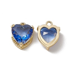 Sapphire Heart K9 Glass Charms, Faceted, with Light Gold Tone Brass Findings, Sapphire, 13x10.5x5mm, Hole: 1.6mm
