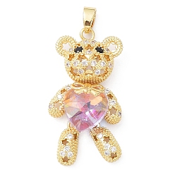 Lilac Real 18K Gold Plated Rack Plating Brass Micro Pave Cubic Zirconia Pendants, with Glass, Long-Lasting Plated, Cadmium Free & Lead Free, Bear with Star Pattern, Lilac, 38x19.5x9mm, Hole: 3.5x5mm