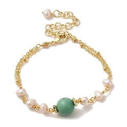 Real 14K Gold Plated Synthetic Turquoise Round Link Bracelets with Natural Pearl, with Brass Chains, Real 14K Gold Plated, 6-1/4 inch(15.9cm)