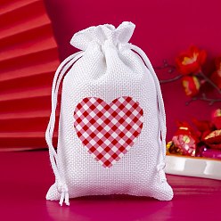 Red Burlap Heart Print Packing Pouches, Drawstring Bags, for Presents, Valentine's Day Party Favor Gift Bags, Rectangle, Red, 15x10cm