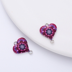 Deep Pink Valentine's Day Theme Alloy Enamel Connector Charms, Platinum, Heart with Flower Pattern, Deep Pink, 20x17mm, Hole: 2mm