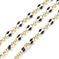 Black Enamel Oval Link Chains, with Real 18K Gold Plated Brass Findings, Soldered, with Spool, Black, 4x7x1mm