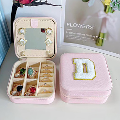 Letter D Letter Imitation Leather Jewelry Organizer Case with Mirror Inside, for Necklaces, Rings, Earrings and Pendants, Square, Pink, Letter D, 10x10x5.5cm