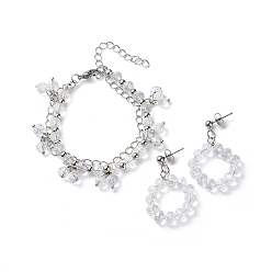 Clear AB Glass Brided Beaded Dangle Stud Earrings & Multi-strand Bracelet, Brass Jewelry Set for Women, Clear AB, 170mm, 40mm, Pin: 0.6mm