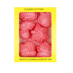 Coral Thanksgiving Day Theme Plastic Cookie Candy Molds Set, Maple Leaf/Corn/Pumpkin, Coral, 50~67x35~61mm, 6pcs/set