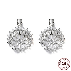 Real Platinum Plated 925 Sterling Silver Micro Pave Clear Cubic Zirconia Pendant Cabochon Settings, Open Back Settings, Flower, Real Platinum Plated, Tray: 9mm, 15.5x14x5mm, Hole: 3x4mm, Pin: 0.8mm