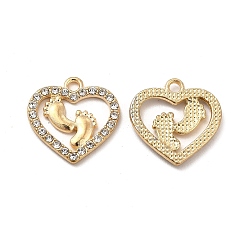 Light Gold Alloy Crystal Rhinestone Pendants, Heart with Footprint Charm, Light Gold, 18x17.5x2mm, Hole: 1.8mm
