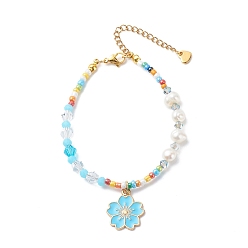 Colorful Alloy Enamel Sakura Charm Bracelet, Natural Pearl & Seed Beaded Bracelet for Women, Colorful, 7-5/8 inch(19.5cm)