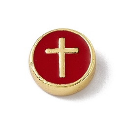 FireBrick Real 18K Gold Plated Brass Enamel Beads, Long-Lasting Plated, Cadmium Free & Lead Free, Flat Round with Cross, FireBrick, 11x4.5mm, Hole: 1.8mm