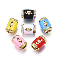 Mixed Color Brass Micro Pave Clear Cubic Zirconia European Beads, with Enamel, Large Hole Beads, Nickel Free, Real 18K Gold Plated, Column with Eye, Mixed Color, 16x11.5mm, Hole: 6.5mm