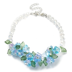 Deep Sky Blue Flower Glass Beaded Link Bracelet with Alloy Clasps for Women, Deep Sky Blue, 9-1/2 inch(24cm)