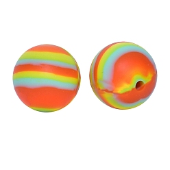 Orange Round with Stripe Print Pattern Food Grade Silicone Beads, Silicone Teething Beads, Orange, 15mm