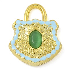 Светло-Голубой Стеклянные подвески из латуни с покрытием стойки, с эмалью, долговечный, без свинца и без кадмия, реальный 18 k позолоченный, запирать, Небесно-голубой, 22x17.5x4 мм, отверстие : 4x4.5 мм