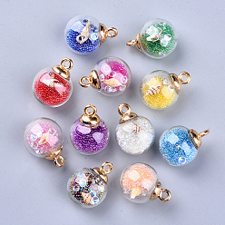 Mixed Color Transparent Glass Globe Pendants, with Resin & Resin Rhinestone & Conch Shell & Glass Micro Beads inside, Plastic CCB Pendant Bails, Round, Golden, Mixed Color, 21.5x16mm, Hole: 2mm
