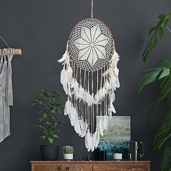White Woven Web/Net with Feather Wall Hanging Decorations, with Iron Ring and Wood Bead, for Home Bedroom Decorations, White, 1180mm