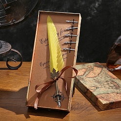 Yellow Feather Quill Pen, Vintage Feather Dip Ink Pen Set, Alloy Pen Stem Writing Quill Pen Calligraphy Pen As Christmas Birthday Gift Set, Yellow, Packing: 28x11.5cm