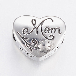 Antique Silver Mother's Day Theme, 304 Stainless Steel European Beads, Large Hole Beads, Heart with Flower and Word Mom, Antique Silver, 11.5x13.5x7mm, Hole: 5mm