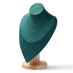 Teal Velvet Bust Necklace Display Stands with Wooden Base, Jewelry Holder for Necklace Storage, Teal, 18.7x14x29.3cm