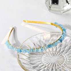 Aquamarine Wire Wrapped Natural Aquamarine Chip Hair Bands, with Metal Hoop, for Women Girls, 140x120x25mm