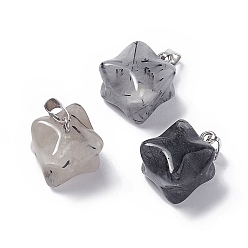 Rutilated Quartz Natural Black Rutilated Quartz Pendants, Merkaba Star Charms, with Stainless Steel Color Plated 201 Stainless Steel Findings, 18~20x14~15x14~15mm, Hole: 8x3mm