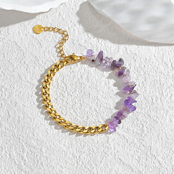 Amethyst Natural Amethyst Chips Beaded Bracelet, with Golden Stainless Steel Curb Chains, 6-1/4 inch(16cm)