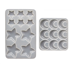 White Star & Moon Cabochon Food Grade Silicone Molds, Resin Casting Molds, for UV Resin, Epoxy Resin Craft Making, White, 98x155mm & 102x92mm