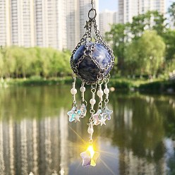 Sodalite Glass Pendant Decoration, Suncatchers, with Titanium Steel Findings, Natural Sodalite Ball, 200~210mm