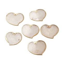 Blanc Pendentifs en coquillage capiz naturel, Breloques cœur avec bord en laiton doré, Saint Valentin, blanc, 36~36.5x38~40.5x1.5~2mm, Trou: 1.5~1.6mm