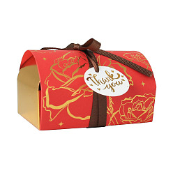 Red Gold Stamping Floral Paper Candy Storage Box with Ribbon, Candy Gift Bags Christmas Party Wedding Favors Bags, Red, 9.7x6.2x5.9cm