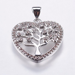 Platinum Brass Pendants, with Micro Pave Cubic Zirconia, Heart with Tree of Life, Platinum, 21x20.5x3.5mm, Hole: 3.5x4.5mm
