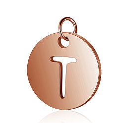 Letter T 304 Stainless Steel Charms, Flat Round with Letter, Rose Gold, Letter.T, 12x1mm, Hole: 2.5mm