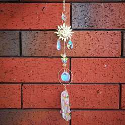 Clear Wire Wrapped Natural Crystal Quartz & Glass Pendant Decorations, with Metal Sun Link, for Garden Window Hanging Suncatchers, Clear, 500mm