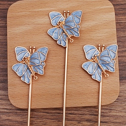 Light Gold Iron Hair Stick Findings, with Alloy Cornflower Blue Enamel Findings, Double Butterfly, Light Gold, 120x2.5mm