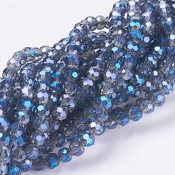 Blue Electroplate Glass Beads Strands, Full Rainbow Plated, Faceted, Round, Blue, 3.5~4.5mm, Hole: 0.5mm, about 100pcs/strand, 13.9~15.7 inch(35.5~40cm)