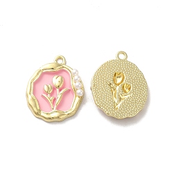 Pink Alloy Enamel Pandants, with ABS Plastic Imitation Pearl, Lead Free & Cadmium Free, Light Gold, Oval with Flower, Pink, 23.5x19x4.5mm, Hole: 1.8mm