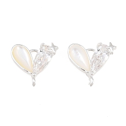 Plata Colgantes de conector de circonita cúbica transparente con pavé de latón, corazón con enlaces de estrellas, con cáscara natural, chapado en rack, larga duración plateado, plata, 10x9x3 mm, agujero: 1.1~1.2 mm
