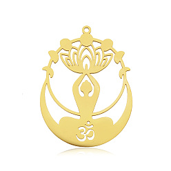 Golden 201 Stainless Steel Yoga Theme Pendants, Laser Cut, Vacuum Plating, Lotus with Human, Golden, 43x32x1mm, Hole: 1.6mm